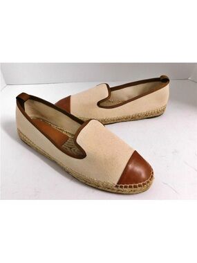 FENDI Junia Espadrilles Loafer Flat 42 Cream Canvas Saddle Brown Leather